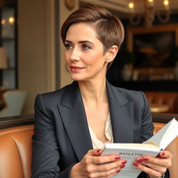 An elegant woman aged 30-40 with a neat hairstyle, dressed in a classic suit, sitting in a cozy café in Milan