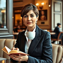 An elegant woman aged 30-40 with a neat hairstyle, dressed in a classic suit, sitting in a cozy café in Milan