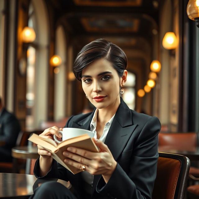 An elegant woman aged 30-40 with a neat hairstyle, dressed in a classic suit, sitting in a cozy café in Milan