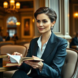 An elegant woman aged 30-40 with a neat hairstyle, dressed in a classic suit, sitting in a cozy café in Milan