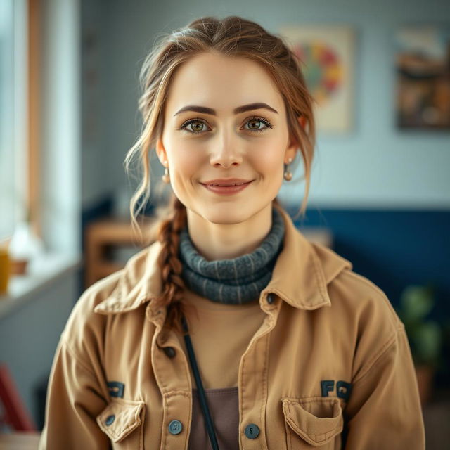 A full-length portrait of a 37-year-old woman with a European appearance, featuring a mix of Scandinavian, Slavic, and Mediterranean traits