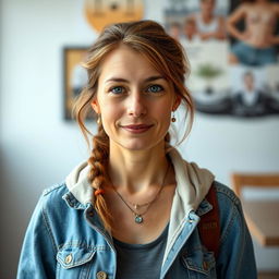 A full-length portrait of a 37-year-old woman with a European appearance, featuring a mix of Scandinavian, Slavic, and Mediterranean traits