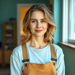 A full-length portrait of a 37-year-old woman with a European appearance, featuring a mix of Scandinavian, Slavic, and Mediterranean traits