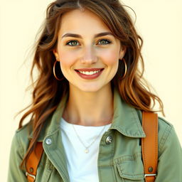 A full-length portrait of a 37-year-old woman with a European appearance, incorporating distinctive Scandinavian, Slavic, and Mediterranean features
