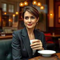 A sophisticated and stylish woman in her 30s to 40s with a neat hairstyle, wearing a classic suit, sitting comfortably in a cozy café in Milan