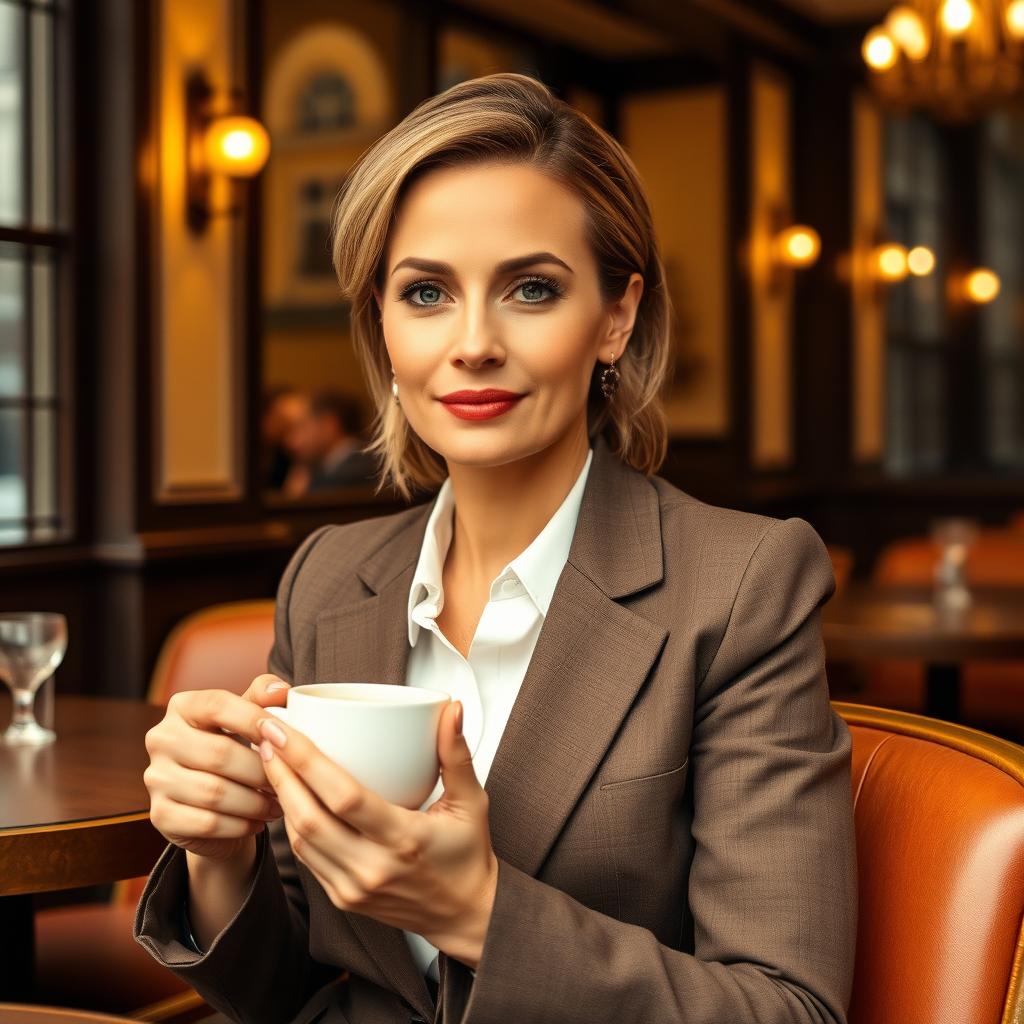 A sophisticated and stylish woman in her 30s to 40s with a neat hairstyle, wearing a classic suit, sitting comfortably in a cozy café in Milan