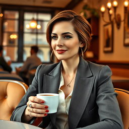A sophisticated and stylish woman in her 30s to 40s with a neat hairstyle, wearing a classic suit, sitting comfortably in a cozy café in Milan