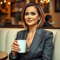 A sophisticated and stylish woman in her 30s to 40s with a neat hairstyle, wearing a classic suit, sitting comfortably in a cozy café in Milan
