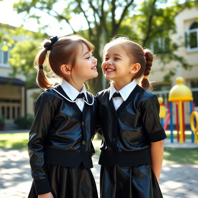 A heartwarming scene of two young school girls, around 10 years old, dressed in stylish black latex school uniforms