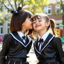 A heartwarming scene of two young school girls, around 10 years old, dressed in stylish black latex school uniforms