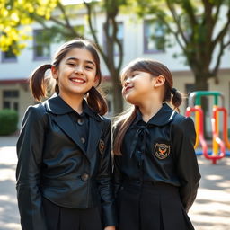 A heartwarming scene of two young school girls, around 10 years old, dressed in stylish black latex school uniforms
