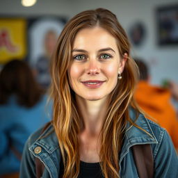 A full-length portrait of a 37-year-old woman with a European appearance, incorporating Scandinavian, Slavic, and Mediterranean features