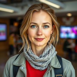 A full-length portrait of a 37-year-old woman with a European appearance, incorporating Scandinavian, Slavic, and Mediterranean features