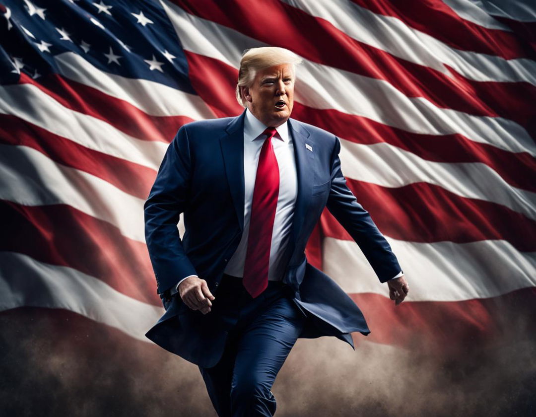 A dynamic digital advertisement featuring Donald Trump running for president in 2024 against an American flag backdrop