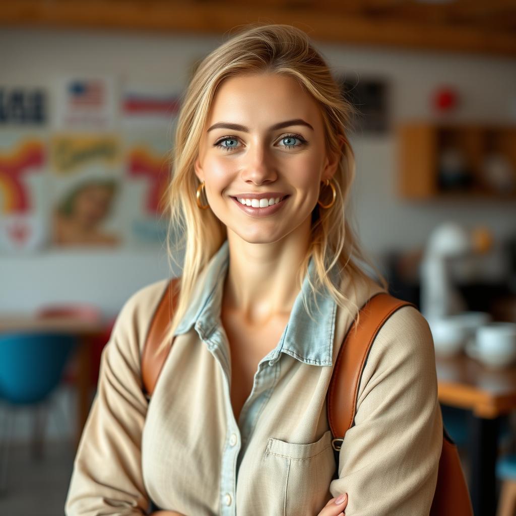 A full-length portrait of a 37-year-old woman with a European appearance, blending Scandinavian, Slavic, and Mediterranean features