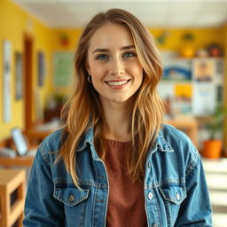 A full-length portrait of a 37-year-old woman with a European appearance, blending Scandinavian, Slavic, and Mediterranean features