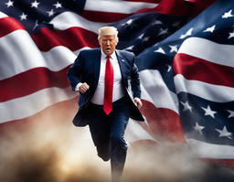 A dynamic digital advertisement featuring Donald Trump running for president in 2024 against an American flag backdrop