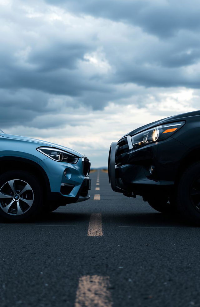 A poignant scene on a deserted road featuring two vehicles: a light blue BMW X1, representing Roxy, and a black Toyota Hilux, representing Sirius, facing each other