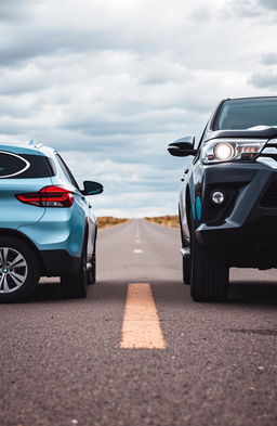 A poignant scene on a deserted road featuring two vehicles: a light blue BMW X1, representing Roxy, and a black Toyota Hilux, representing Sirius, facing each other