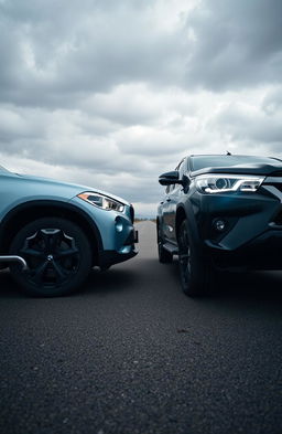 A poignant scene on a deserted road featuring two vehicles: a light blue BMW X1, representing Roxy, and a black Toyota Hilux, representing Sirius, facing each other