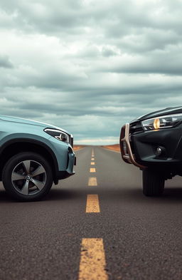 A poignant scene on a deserted road featuring two vehicles: a light blue BMW X1, representing Roxy, and a black Toyota Hilux, representing Sirius, facing each other
