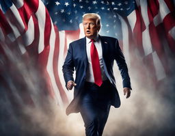 A dynamic digital advertisement featuring Donald Trump running for president in 2024 against an American flag backdrop