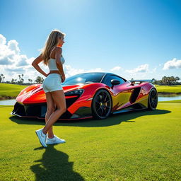 An exquisite hypercar showcased at the Concours d'Elegance on the manicured fairway of Wynn Golf Course, with a pretty blonde woman wearing stylish white shorts and trendy Nike shoes standing gracefully next to the vehicle