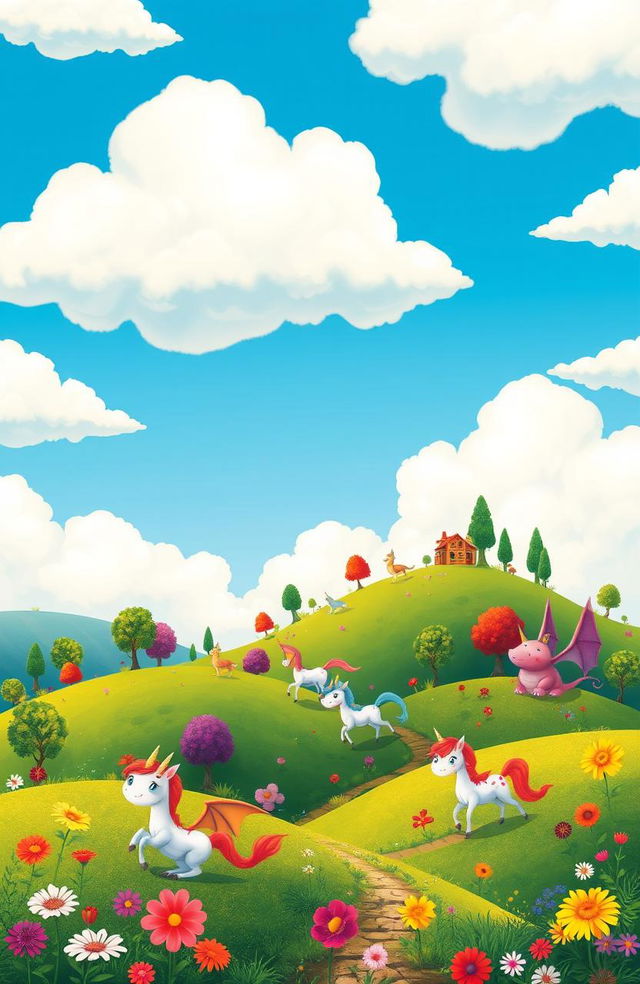 A colorful and whimsical fantasy adventure scene suitable for kids, featuring a vibrant blue sky with fluffy white clouds