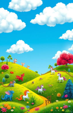 A colorful and whimsical fantasy adventure scene suitable for kids, featuring a vibrant blue sky with fluffy white clouds