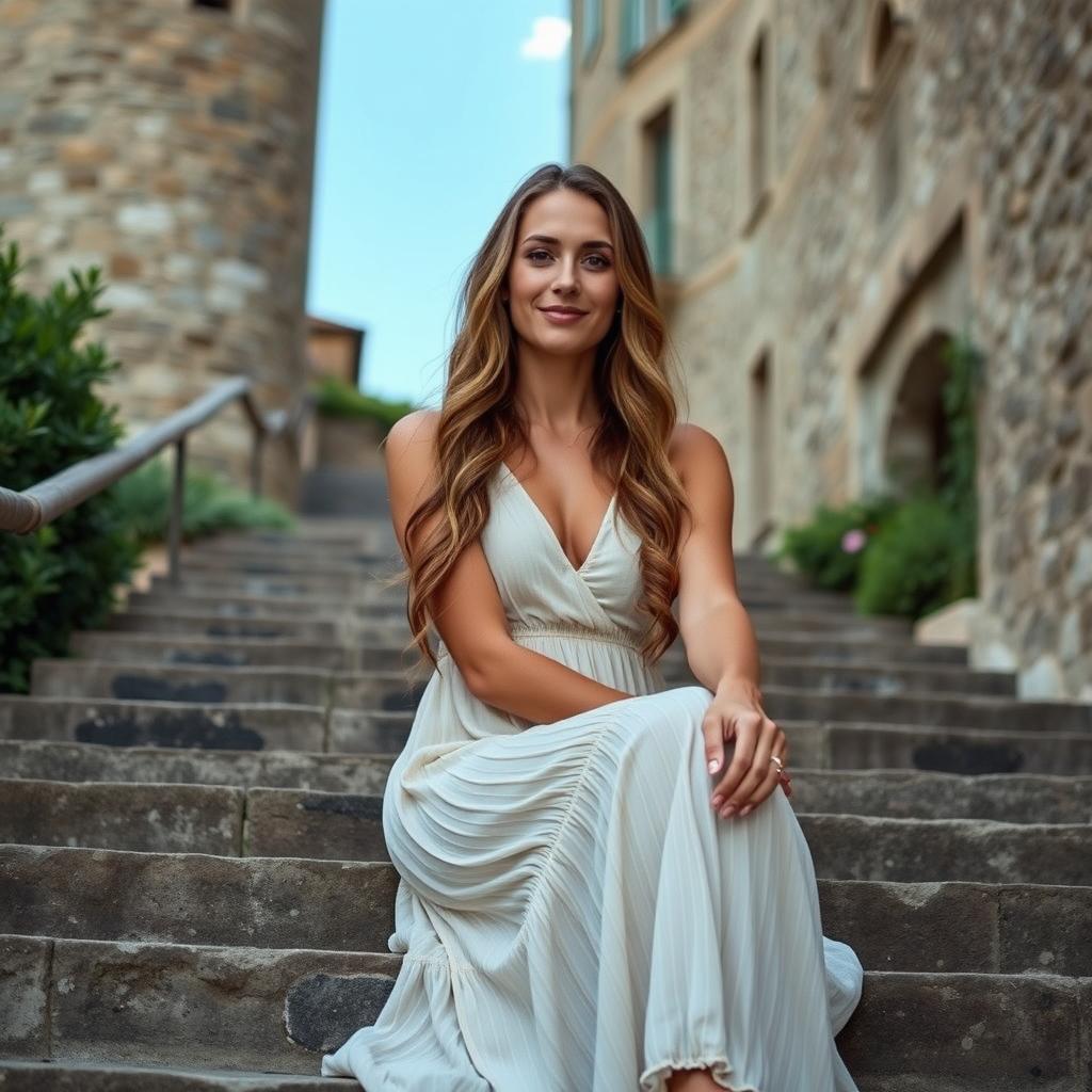 A serene and peaceful woman aged 30-35 with long wavy hair, wearing a light, flowing dress, sitting gracefully on the steps of an ancient castle in Tuscany