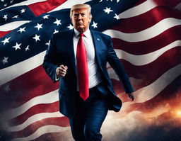 A dynamic digital advertisement featuring Donald Trump running for president in 2024 against an American flag backdrop