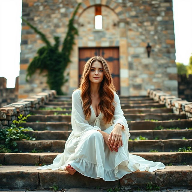 A serene and peaceful woman aged 30-35 with long wavy hair, wearing a light, flowing dress, sitting gracefully on the steps of an ancient castle in Tuscany