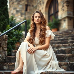 A serene and peaceful woman aged 30-35 with long wavy hair, wearing a light, flowing dress, sitting gracefully on the steps of an ancient castle in Tuscany