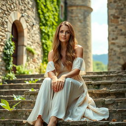 A serene and peaceful woman aged 30-35 with long wavy hair, wearing a light, flowing dress, sitting gracefully on the steps of an ancient castle in Tuscany