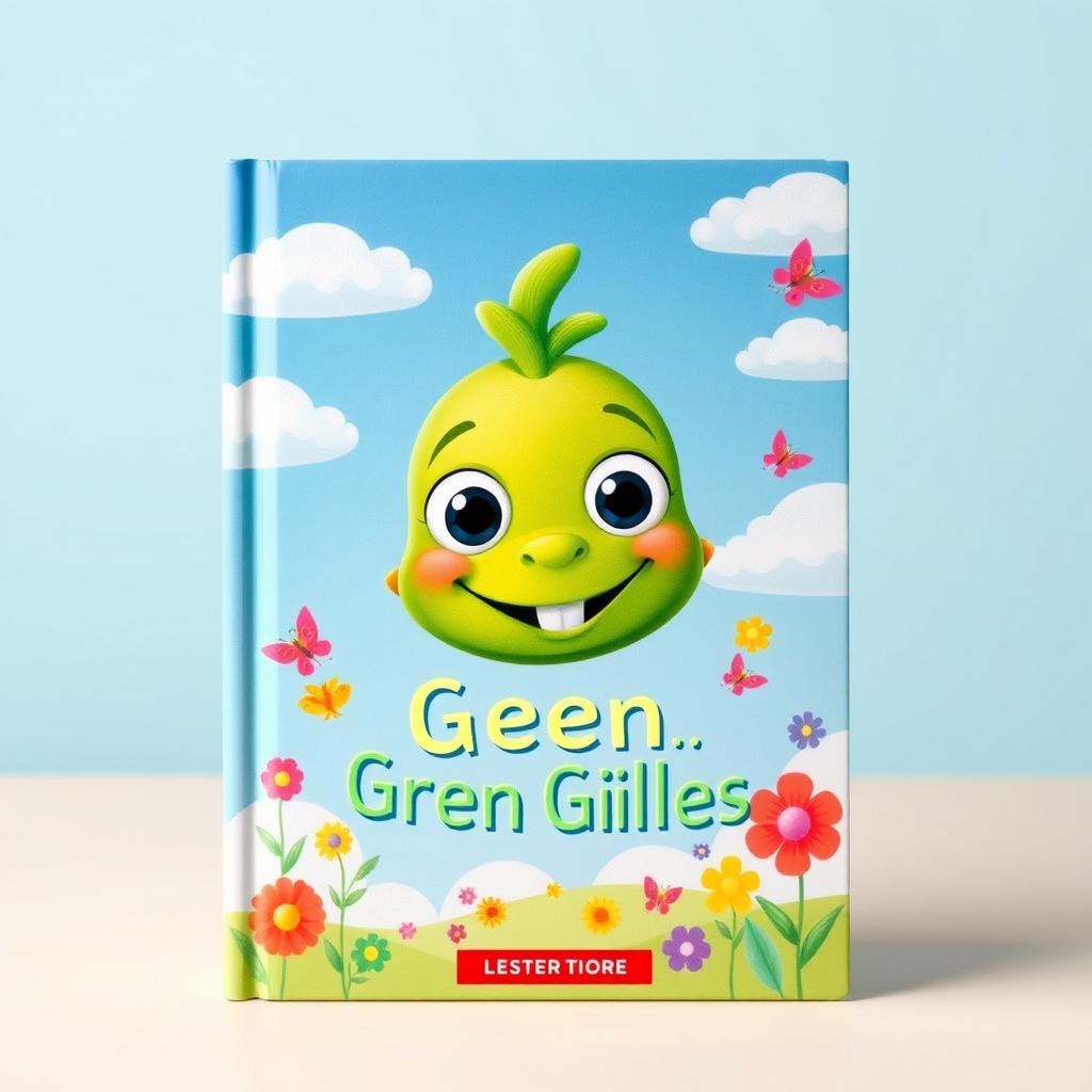 A vibrant and playful book cover designed for children, featuring the character Green Gilles, who is depicted as a friendly and whimsical green creature with bright eyes and a big smile