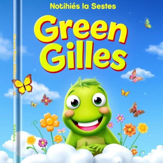 A vibrant and playful book cover designed for children, featuring the character Green Gilles, who is depicted as a friendly and whimsical green creature with bright eyes and a big smile