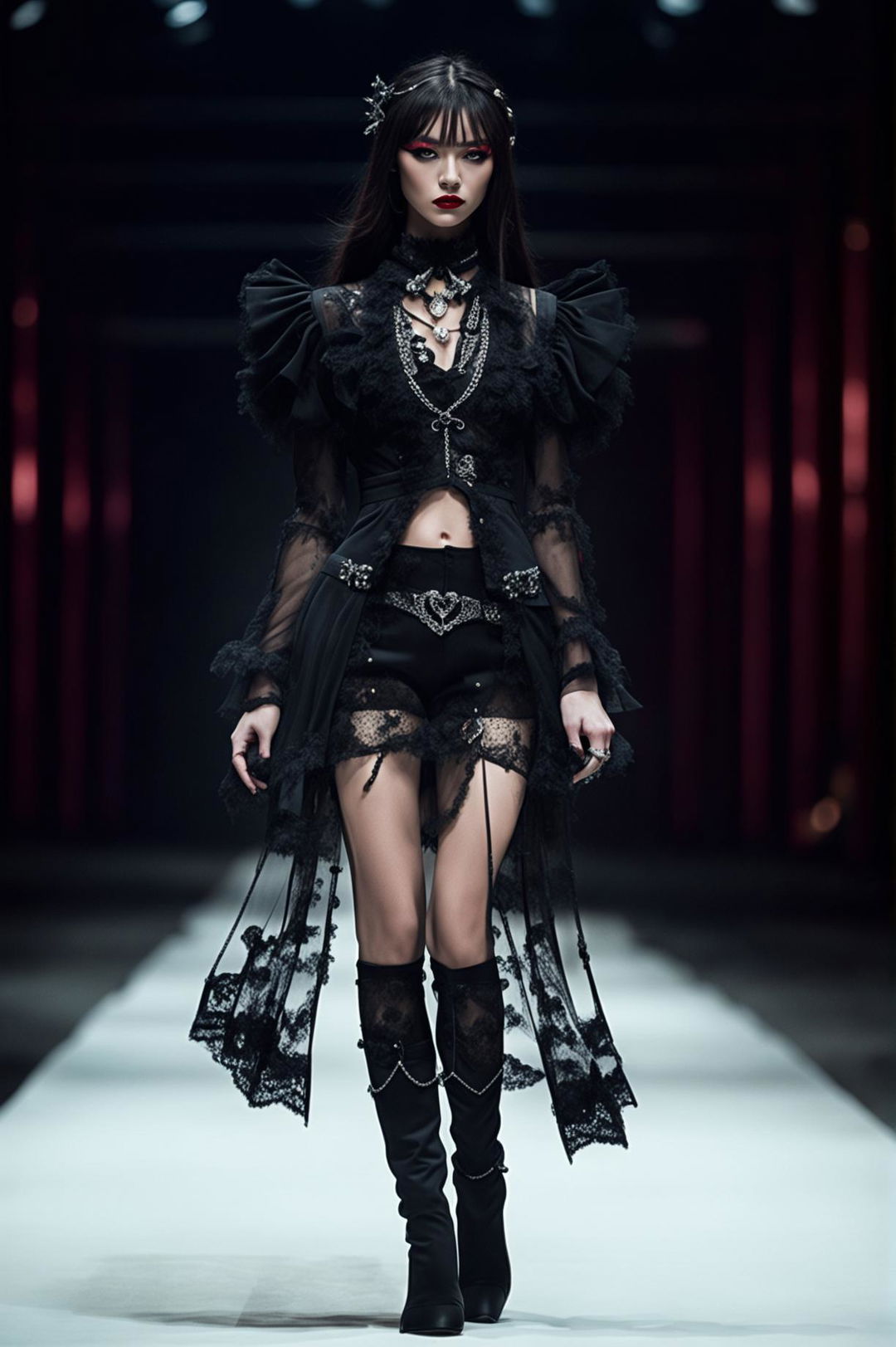 High fashion photograph featuring a model in a sophisticated gothic-inspired outfit against a runway background, with immaculate composition and lighting