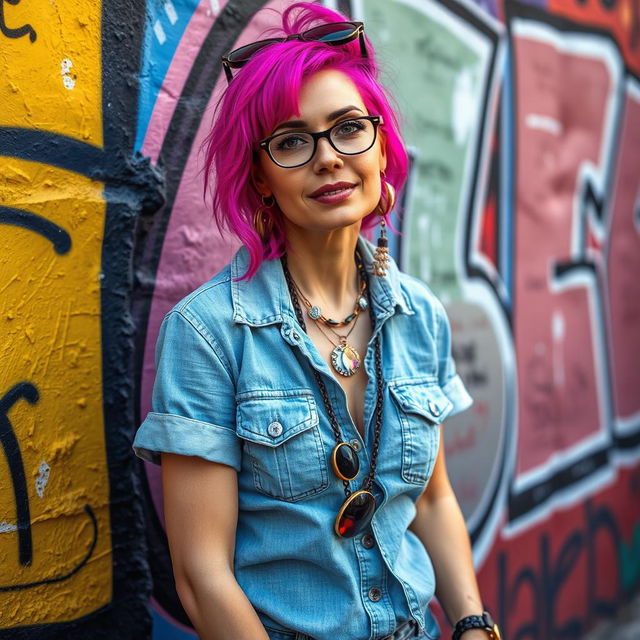 An artistic woman aged 30-40 with vibrant hair and unique accessories, posing in front of colorful street art in Naples