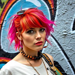 An artistic woman aged 30-40 with vibrant hair and unique accessories, posing in front of colorful street art in Naples