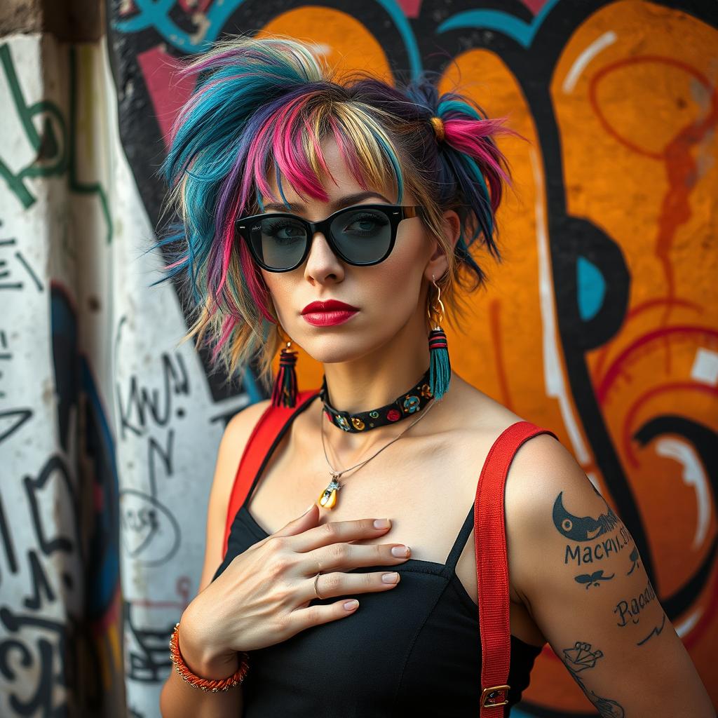 An artistic woman aged 30-40 with vibrant hair and unique accessories, posing in front of colorful street art in Naples