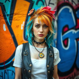 An artistic woman aged 30-40 with vibrant hair and unique accessories, posing in front of colorful street art in Naples