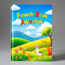 A colorful book cover designed for children, featuring vibrant green hills rolling gently into a bright blue sky filled with fluffy white clouds