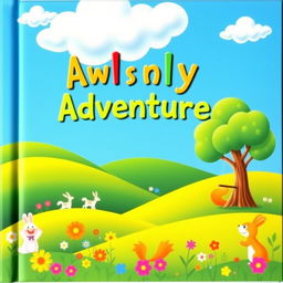 A colorful book cover designed for children, featuring vibrant green hills rolling gently into a bright blue sky filled with fluffy white clouds