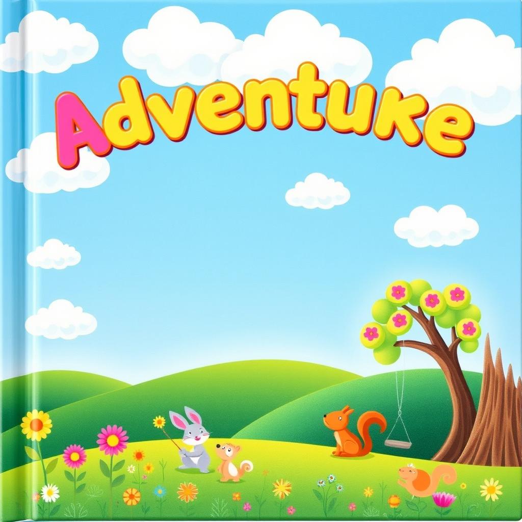 A colorful book cover designed for children, featuring vibrant green hills rolling gently into a bright blue sky filled with fluffy white clouds