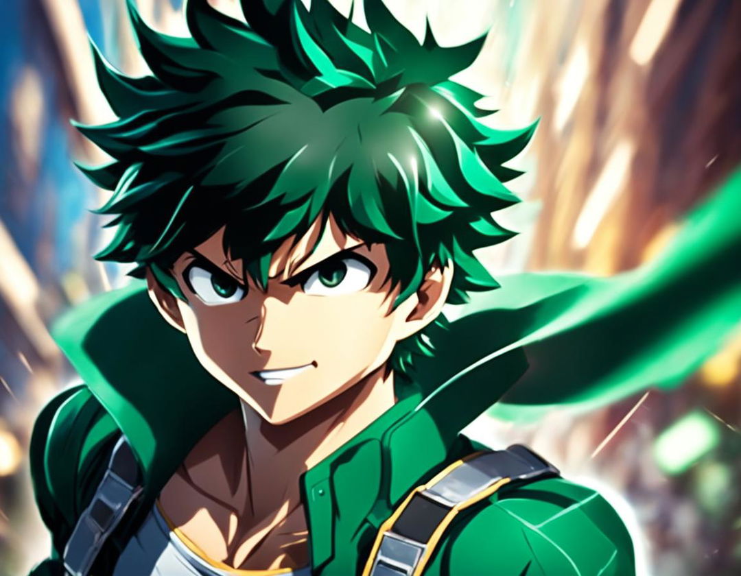 Advertisement-style portrait of Midoriya Izuku from My Hero Academia in his hero costume, posed dynamically against a blurred action background