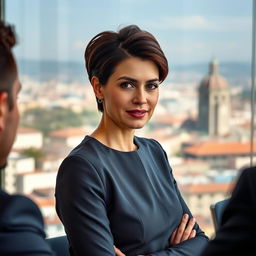 A confident and determined businesswoman aged 30-40 with a neat hairstyle, dressed in a tailored, elegant dress, engaged in a meeting in an office with a panoramic view of the city of Turin