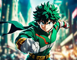 Advertisement-style portrait of Midoriya Izuku from My Hero Academia in his hero costume, posed dynamically against a blurred action background