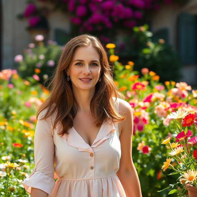 A gentle woman aged 30-35 with soft facial features, dressed in a pastel-colored dress, strolling through a blooming garden in Siena