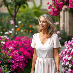 A gentle woman aged 30-35 with soft facial features, dressed in a pastel-colored dress, strolling through a blooming garden in Siena