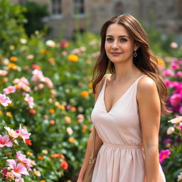 A gentle woman aged 30-35 with soft facial features, dressed in a pastel-colored dress, strolling through a blooming garden in Siena